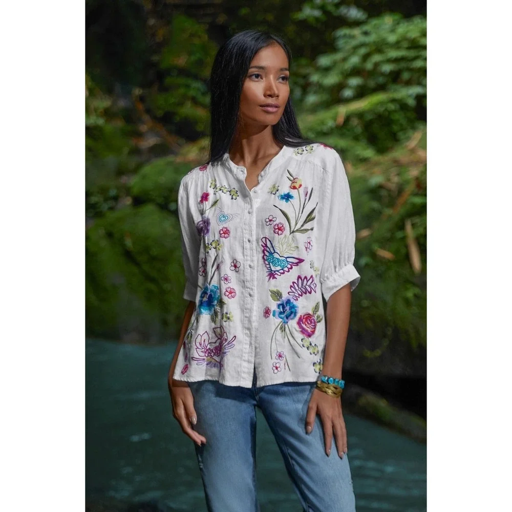 Johnny Was XL Jessi Shirred Yoke Blouse White Linen Embroidered Button Up Top - Picture 2 of 14